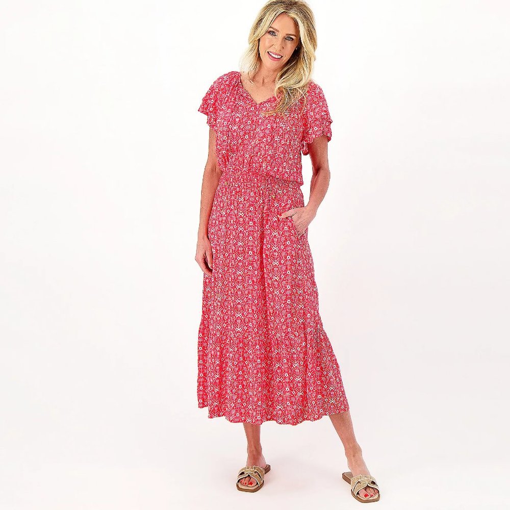 Destination 365 Short-Sleeve Midi Dress w Smocking- Red (sz Small) a596751 - Picture 1 of 3